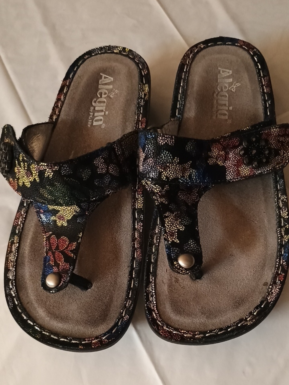 Alegria Black Multicolor Floral Thong Sandals